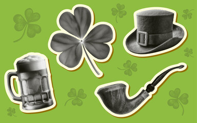 St. Patricks Day set with shamrock leprechaun top hat beer mug smoking pipe halftone dotted collage elements isolated on green background with clover leaf hand drawn shapes