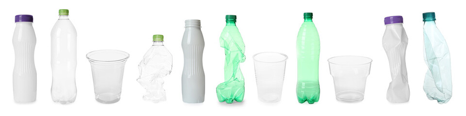 Wall Mural - Different plastic bottles and cups isolated on white, set