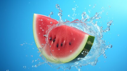 Wall Mural - Watermelon with splashes of water on a blue background. 3d rendering