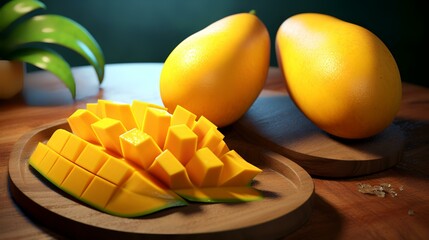 Wall Mural - Mango fruit and mango slices on a wooden board. Still life