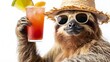 © Ziyan Yang - Happy and smiling sloth wearing summer hat and stylish sunglasses holding cocktail glass with delicious drink, isolated over white background.