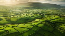 Green Fields Of Ireland, Aerial View, Nature Background, Copy Space, 16:9