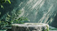 Natural Stone And Concrete Podium In Natural Green Background For Empty Show For Packaging Product Presentation. Background For Cosmetic Products, The Scene With Green Leaves - Generative Ai