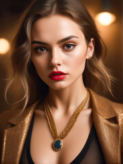 Canvas Print - A woman with a gold necklace and red lipstick