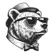 bear with a hipster vibe, sporting sunglasses and a bow tie sketch engraving generative ai fictional character vector illustration. Scratch board imitation. Black and white image.