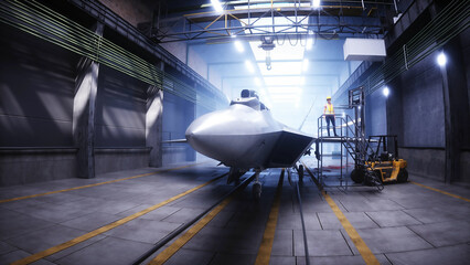 Wall Mural - Production of military fighter jet f 22 raptor at the factory. Military factory weapon. 3d rendering.