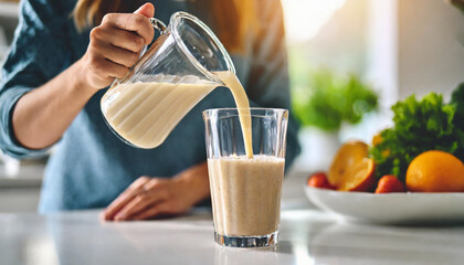 hand pouring protein shake into glass cup on white table top in bright kitchen