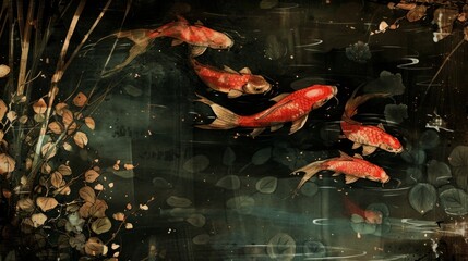 Wall Mural - Koi fish in the pond with grunge textured background.