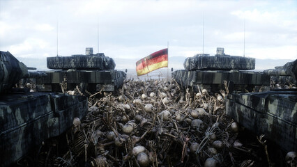 Sticker - Germany military tanks leopards and skulls. Help for ukraine. Anti war concept. 3d rendering.