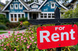 © padnob - For Rent Red Sign in Front of the Entrance of a Beautiful Residential Property. Real Estate and house rental concept.