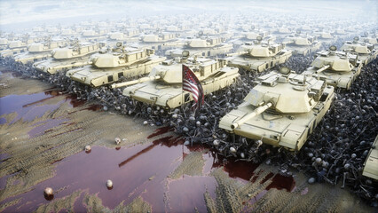 Poster - American military tanks Abrams and skulls. Help for ukraine. Anti war concept. 3d rendering.