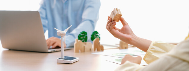 Wall Mural - Businesswoman decides to Invest in green business. Skilled architects plan to build a eco house by using renewable energy at table with environmental document scatter around. Close up. Delineation.