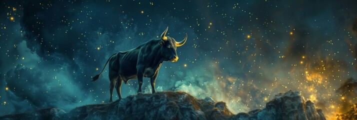 Wall Mural - Taurus Zodiac Sign, Horoscope Symbol, Magic Astrology Bull, Taurus in Fantastic Night Sky