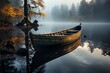 A watercraft is peacefully gliding on the calm, fogcovered lake