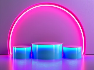 Create a futuristic neon podium scene for showcasing cosmetic products