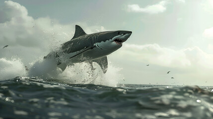 Wall Mural - Great White Shark Jumps Out of the Ocean Aspect 16:9