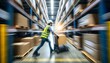 A warehouse worker in motion, swiftly pushing a pallet jack loaded with boxes through a modern warehouse aisle.



