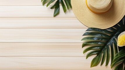 wooden background with summer and beach accessories. space for text.