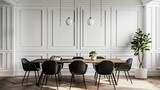Fototapeta  -  Interior design of modern white dining room. Black chairs and wooden dining table against of classic white paneling wall. clean dining room