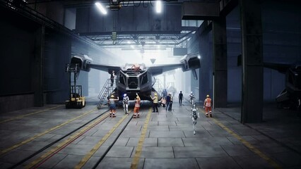 Wall Mural - Production of military futuristic ship at the factory. Future concept. Realistic 4k animation.