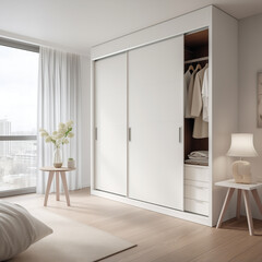 Wall Mural - Modern Bedroom Interior with Spacious White Wardrobe, Elegant Furniture, and Urban City View