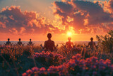 Fototapeta Panele - Group of individuals practicing yoga in a tranquil field at sunset