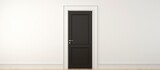 Fototapeta Panele - A minimalist room with a contrast of a black door against a white wall. The hardwood flooring complements the black door, creating a modern aesthetic
