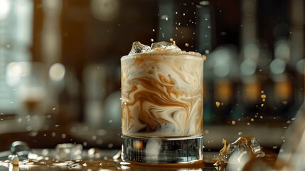 Wall Mural - A swirl style latte glass cup with ice in studio photography. Delicious coffee and milk swirling inside the cup in an award-winning image.