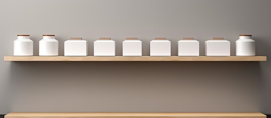 Wall Mural - A rectangular wooden shelf in an office setting, adorned with a row of white jars. The sleek design contrasts the metal office equipment