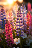 Fototapeta Pokój dzieciecy - Colorful lupines in the garden, beautiful golden hour lighting