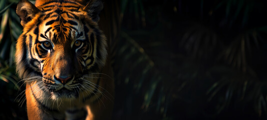 Sticker - portrait of a tiger on a dark jungle background with copy space