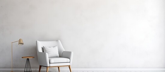 Poster - A white chair and a lamp in a living room with hardwood flooring, adding comfort and style to the houses interior decor