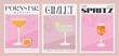 Pornstar Martini, Gimlet and Aperol Campari Spritz Cocktail. Classic alcohol beverage recipe. Set of modern trendy graphic print. Summer aperitif wall art. Minimalist poster with garnish drink. Vector