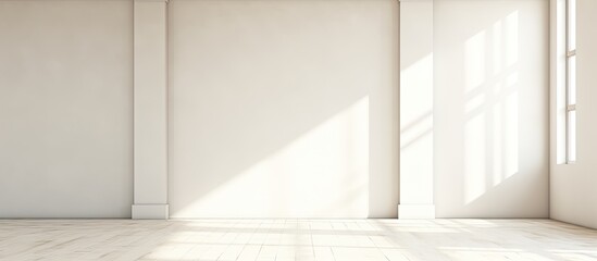 Poster - An unfurnished room with rectangular dimensions, featuring white plaster walls and hardwood flooring. A large window with glass panes allows natural light to cast shades across the space