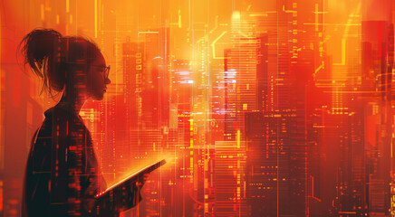 Silhouette of a hacker with digital interface overlay in cityscape background