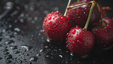 Fresh garden cherry, Composition of sweet cherries on a dark background with water drops, red cherries, red cherry dark background, Generative Ai