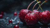 Fresh garden cherry, Composition of sweet cherries on a dark background with water drops, red cherries, red cherry dark background, Generative Ai