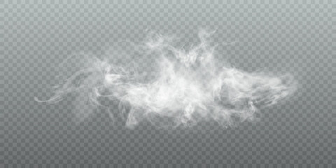 Poster - White vector smoke, cloudiness, fog or smog background. Fog or smoke isolated on transparent background with special overlay effect. Vector