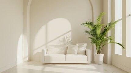 Wall Mural - A minimalist living room with a white couch and a potted plant.