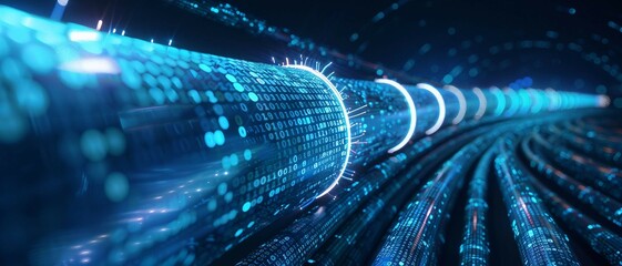 a long digital pipeline shaped by vibrant glowing  blue matrix binary code. isolated on black background.

