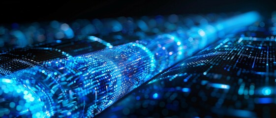 a long digital pipeline shaped by vibrant glowing  blue matrix binary code. isolated on black background.
