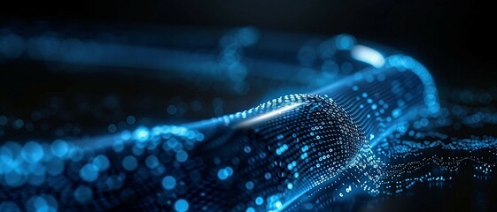 a long digital pipeline shaped by vibrant glowing  blue matrix binary code. isolated on black background.
