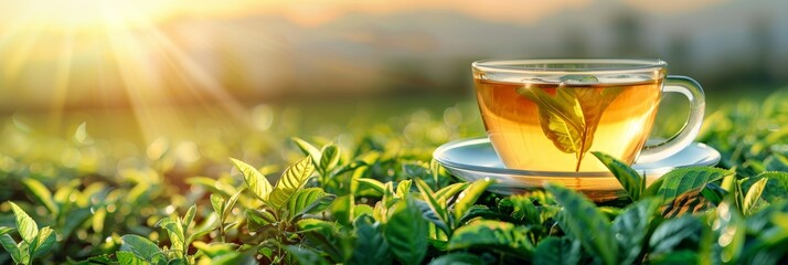 Wall Mural - Green tea cup with picturesque mountain plantation background and ample space for text placement