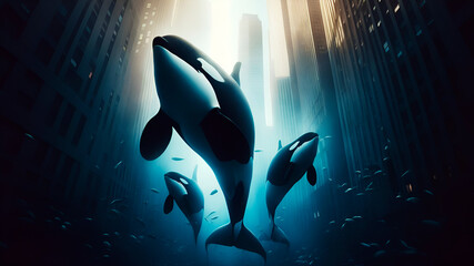 orcas swimming underwater, fantastic city under sea, tiger whales and dolphins swim in ocean, Wall Art Design for Home Decor, wallpaper for cellphone, mobile smart cell phone background