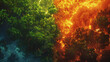 This image portrays a stark contrast between two halves: one vibrant and green, the other consumed by flames.