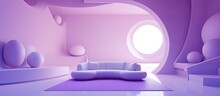 A Violet Living Room With A Magenta Couch And A Round Window. The Ceiling Is Painted In Electric Blue, Creating An Automotive Lighting Event