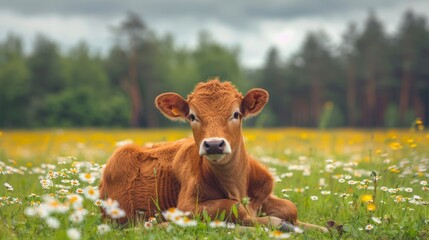 Young calf grazing in daisy field on sunny summer day, serene farm landscape with cow vibes