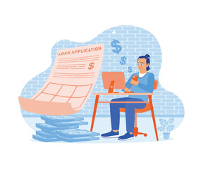 Man fills out a loan approval application form from a bank online on a laptop. Approved Loan concept. Flat vector illustration.