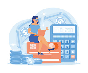  Financial management vector illustration. A woman sits over cards, holds laptops with calculators in the background, and calculates each transaction. Financial Transactions concept. Flat vector illus