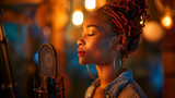 R&B Singer Female African-American Young Adult Recording vocals for upcoming album, singing R&B and soul music, Generative AI 